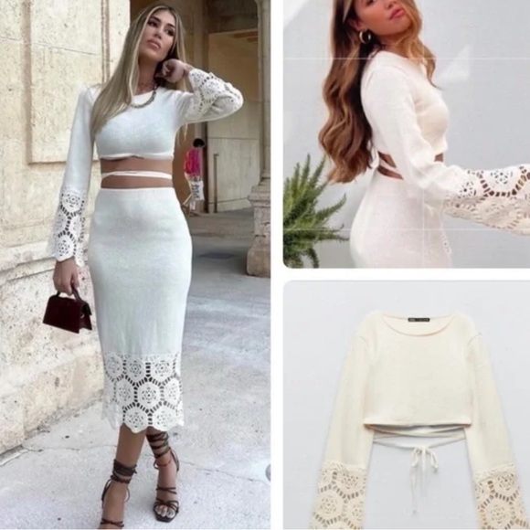 Zara Dresses & Skirts - Zara Cream Knit Lightweight Sweater W / Lace Skirt Set Size S